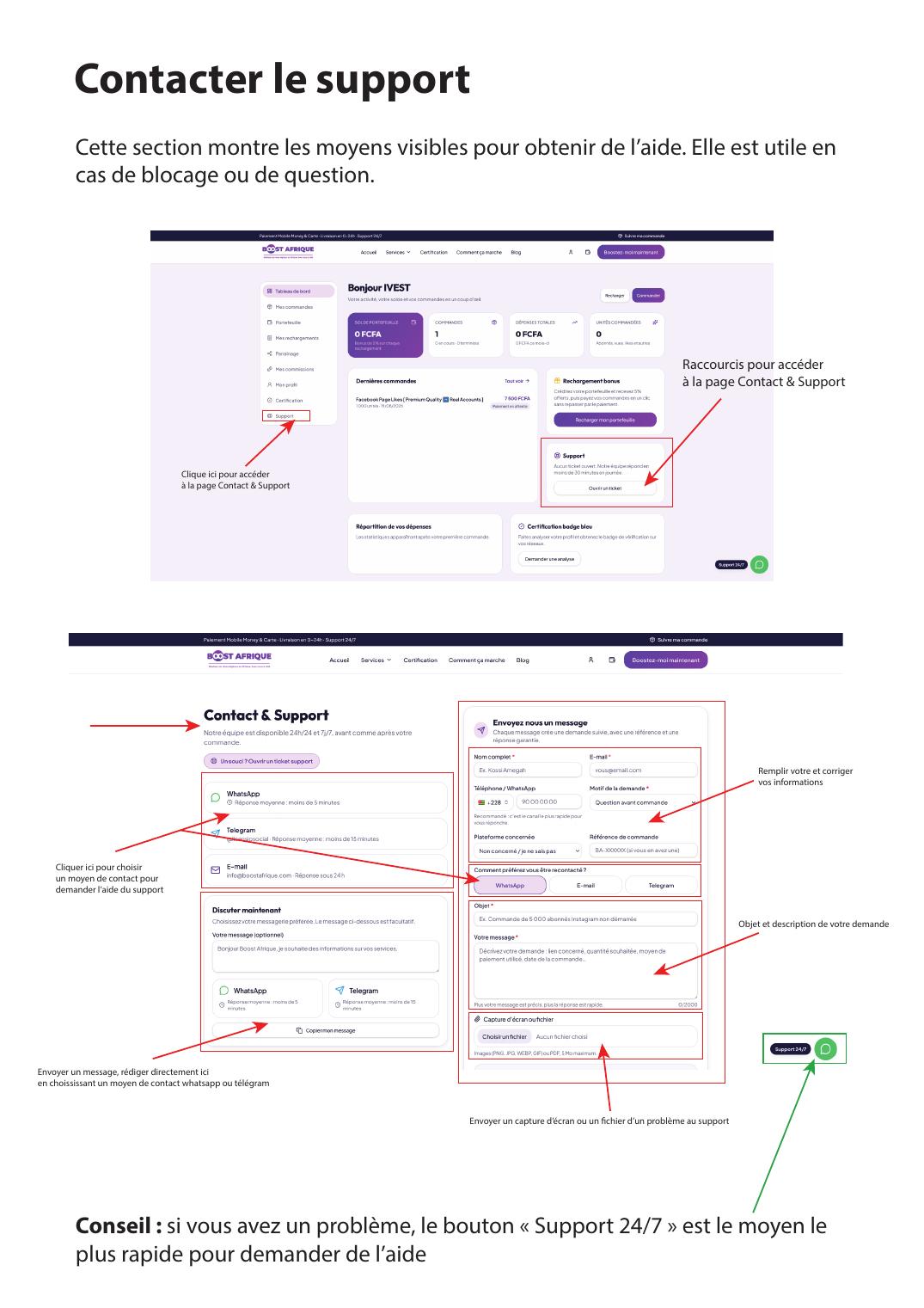 Page Contact et Support de BoostAfrique avec le formulaire de demande d'aide