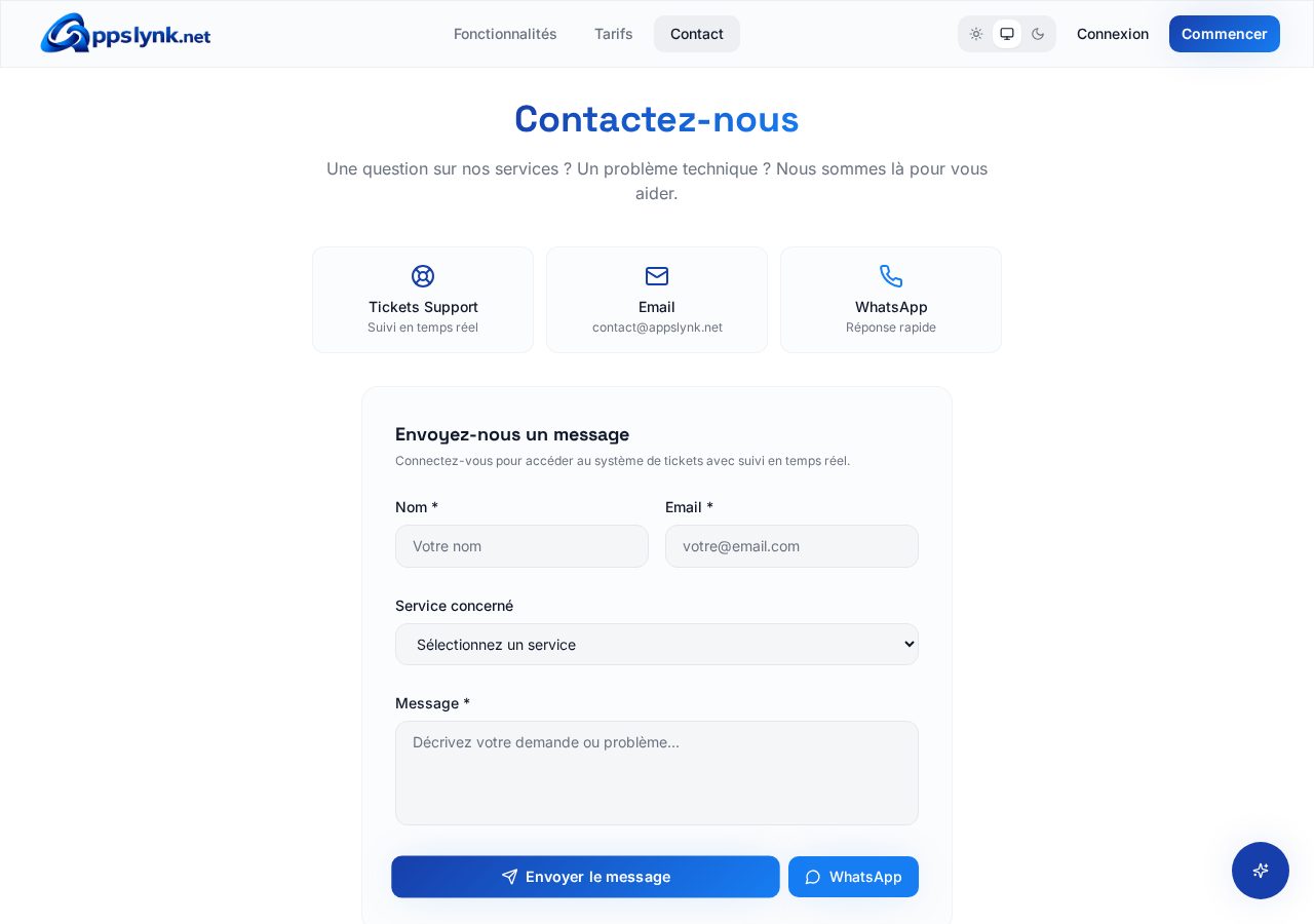 Page de contact Appslynk avec les canaux de support