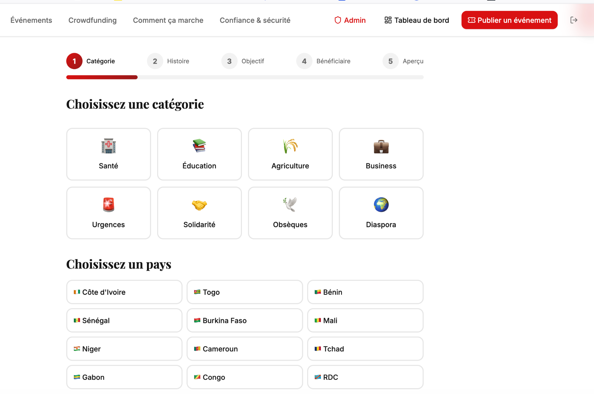 Création de cagnotte Crown — Choix de catégorie et pays