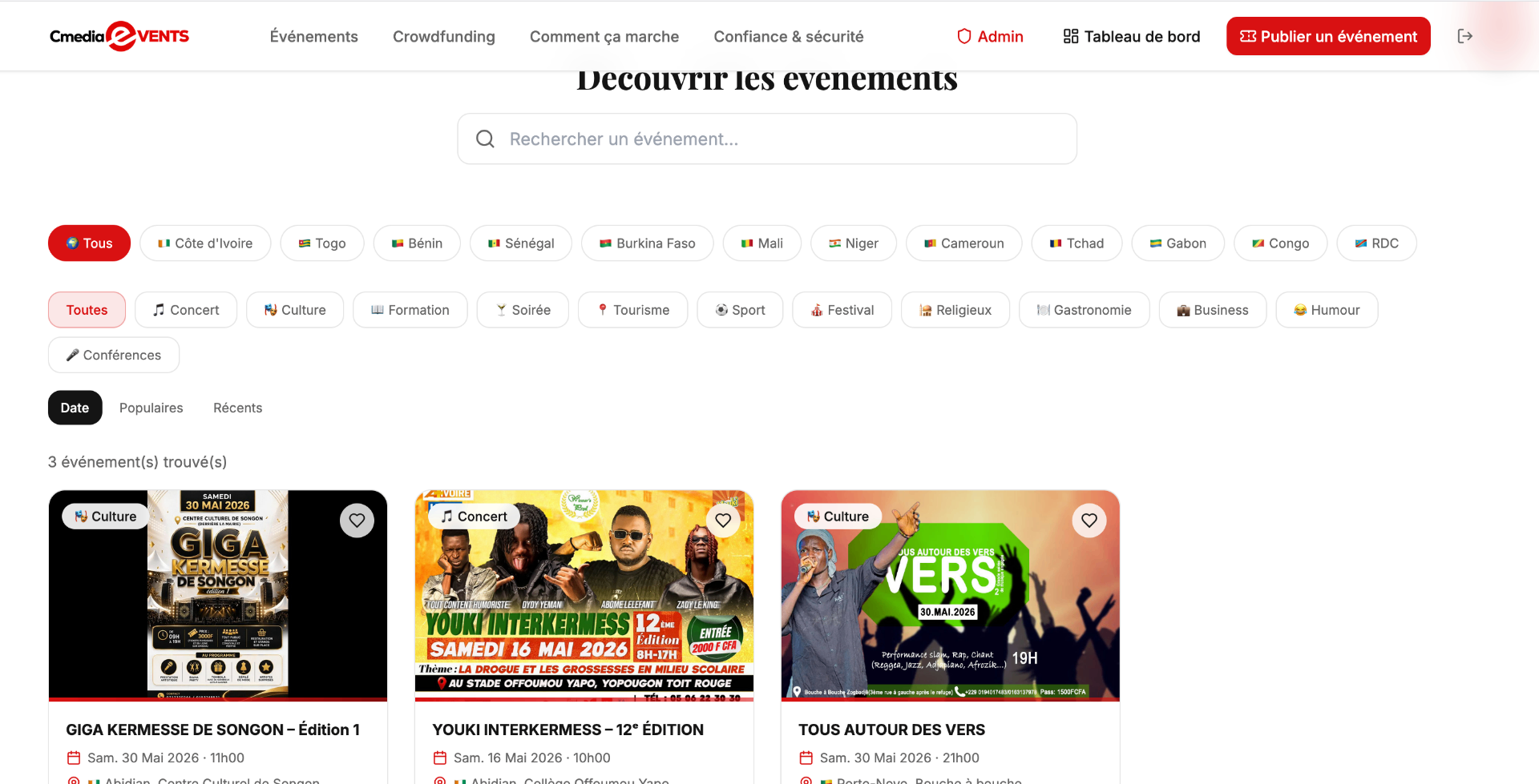Page de découverte des événements Cmediaevents