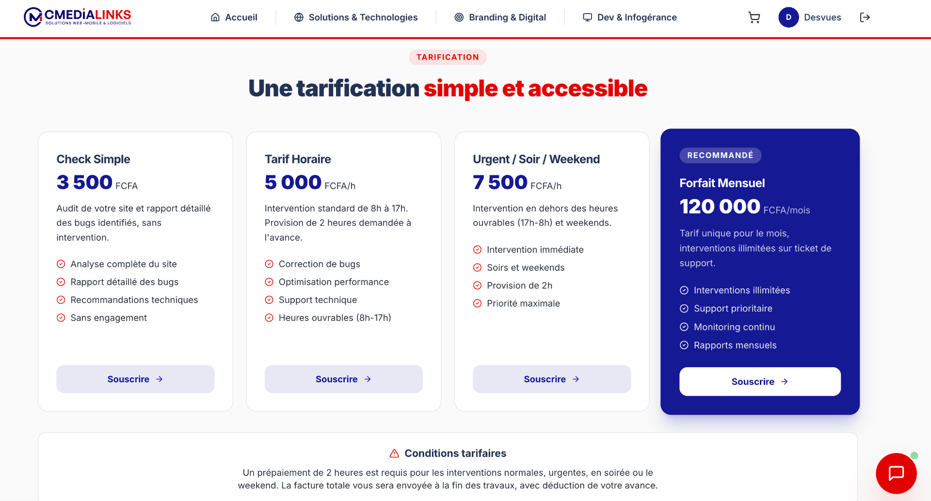 Grille tarifaire du service de correction de bugs Cmedialinks