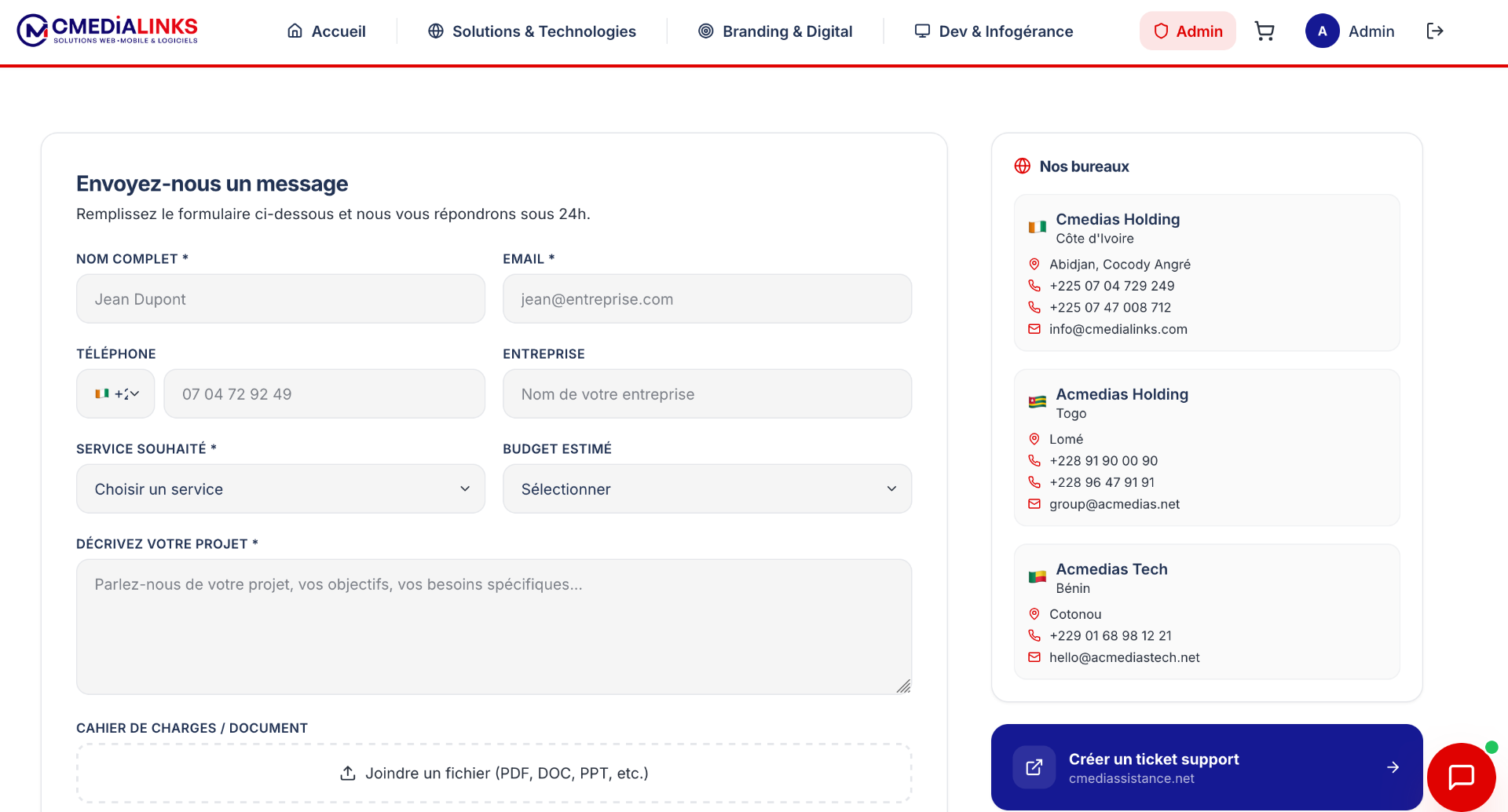 Formulaire de contact Cmedialinks et coordonnées des bureaux