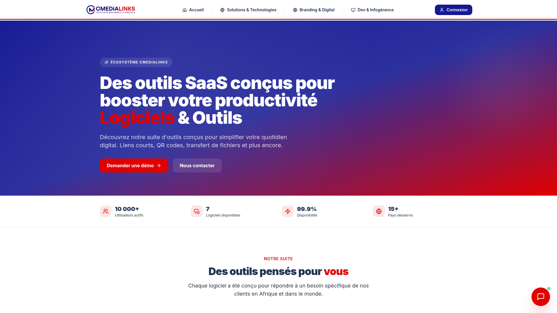 Page Logiciels & Outils Cmedialinks — suite SaaS complète