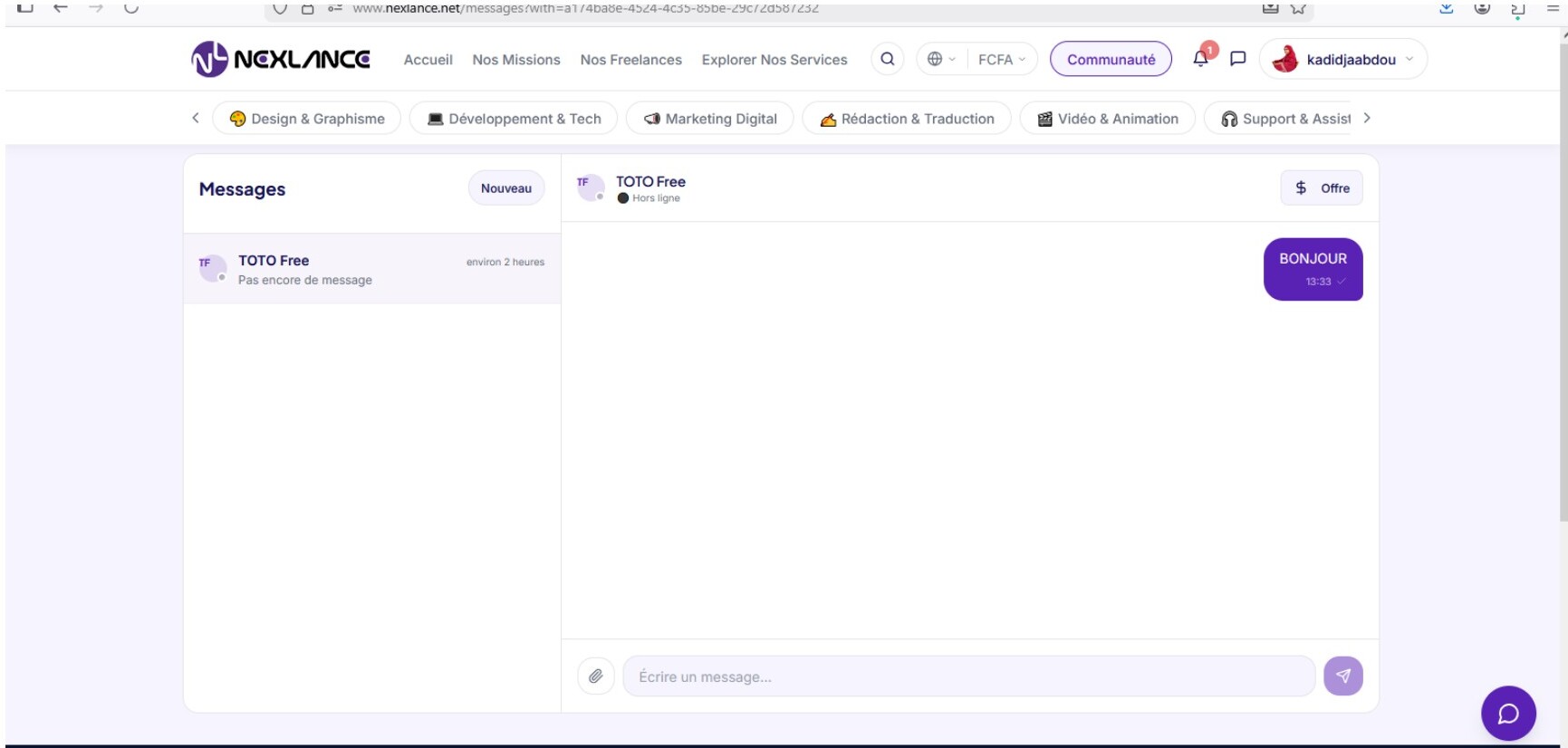 Messagerie intégrée Nexlance — Discussion avec le freelance