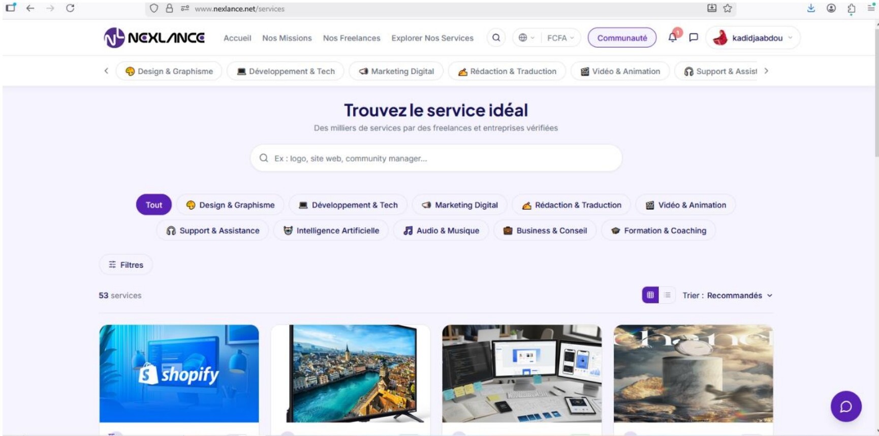 Recherche de services et catégories sur Nexlance