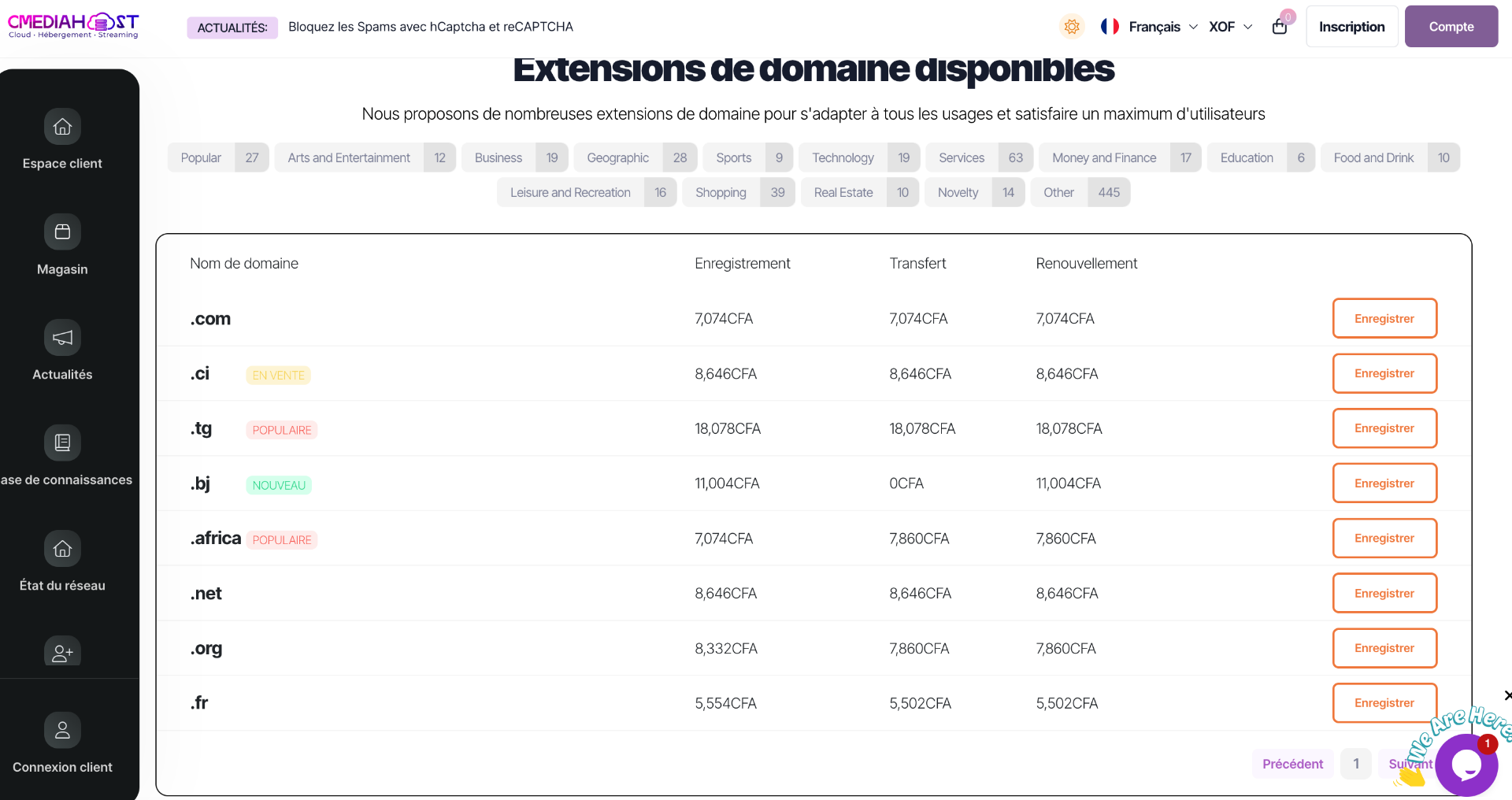 Tableau des extensions de domaine disponibles chez Cmediahost avec les tarifs d'enregistrement, transfert et renouvellement en CFA