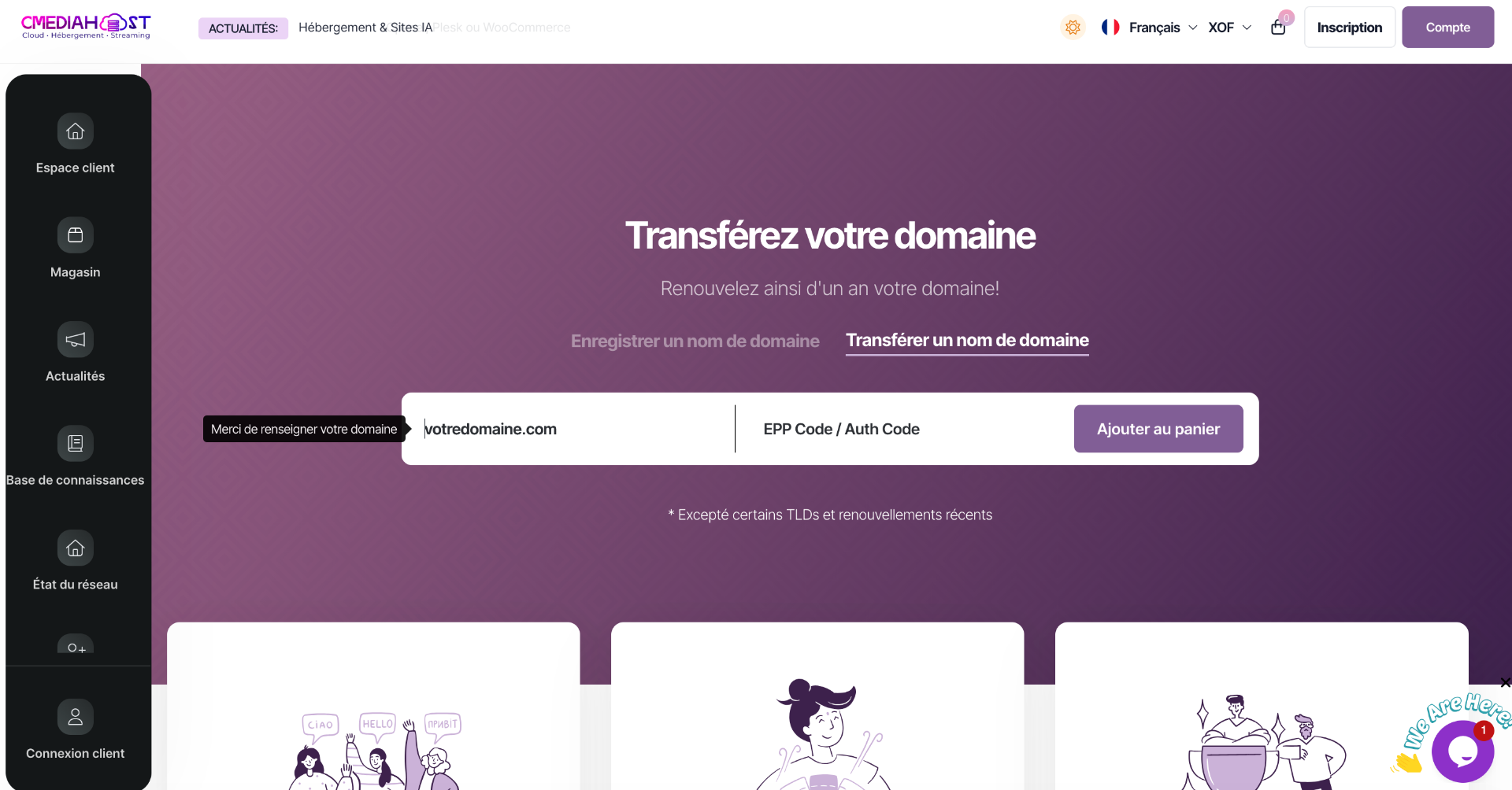 Interface de transfert de domaine sur Cmediahost avec les champs nom de domaine et EPP Code / Auth Code