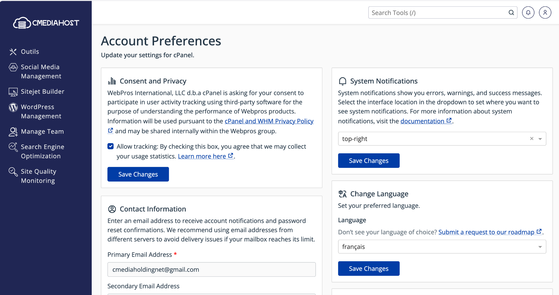 Préférences du compte cPanel