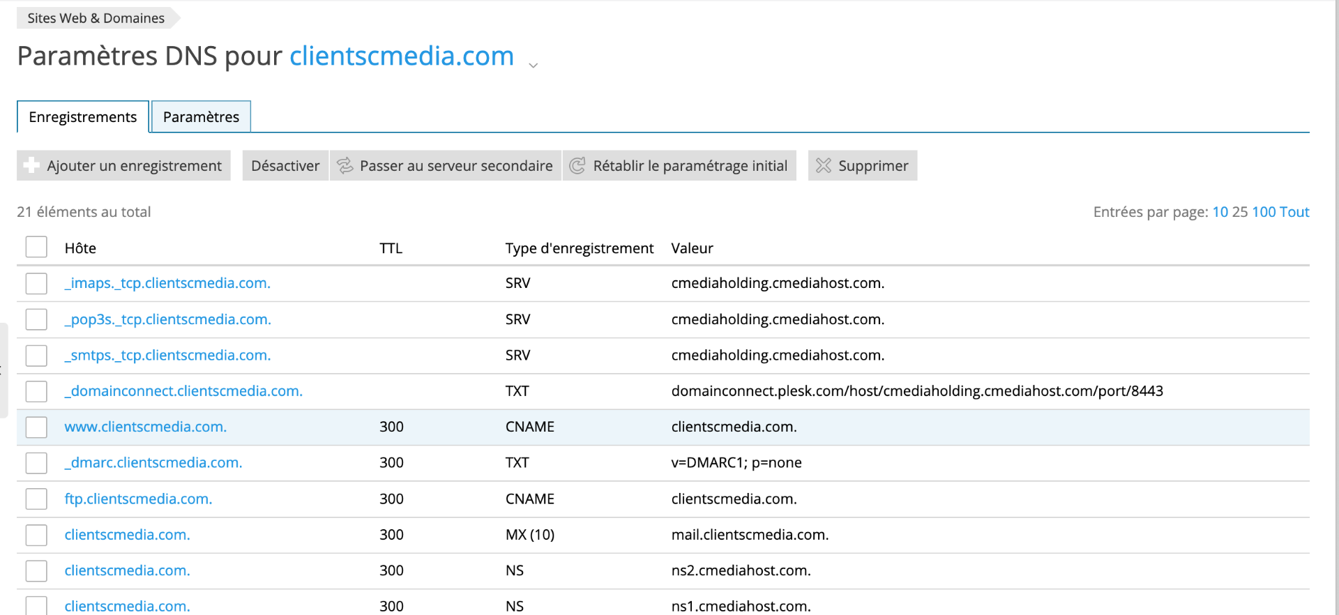 Enregistrements DNS dans Plesk Cmediahost