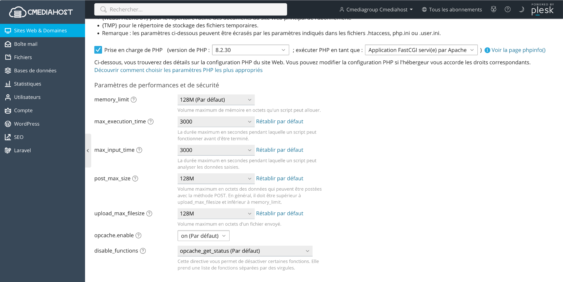 Paramètres PHP dans Plesk Cmediahost