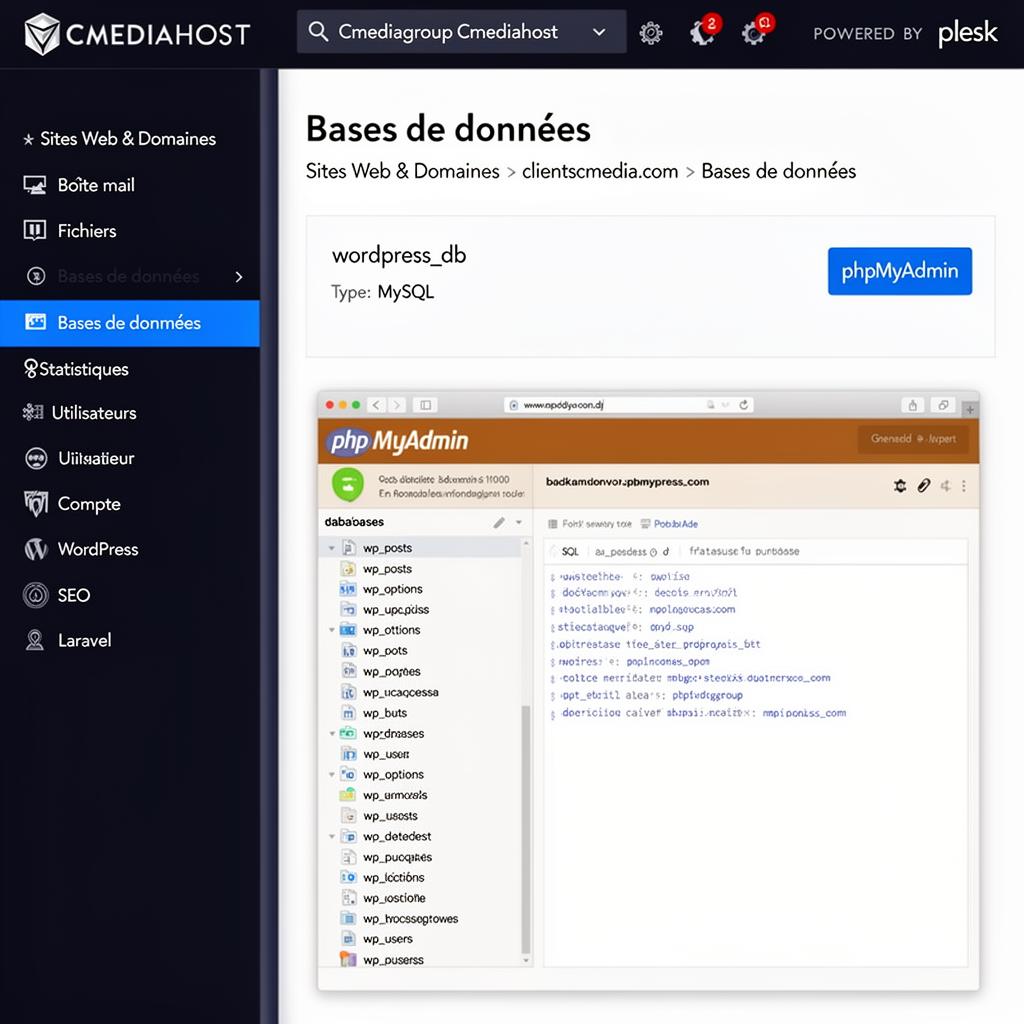 Accès phpMyAdmin depuis Plesk Cmediahost