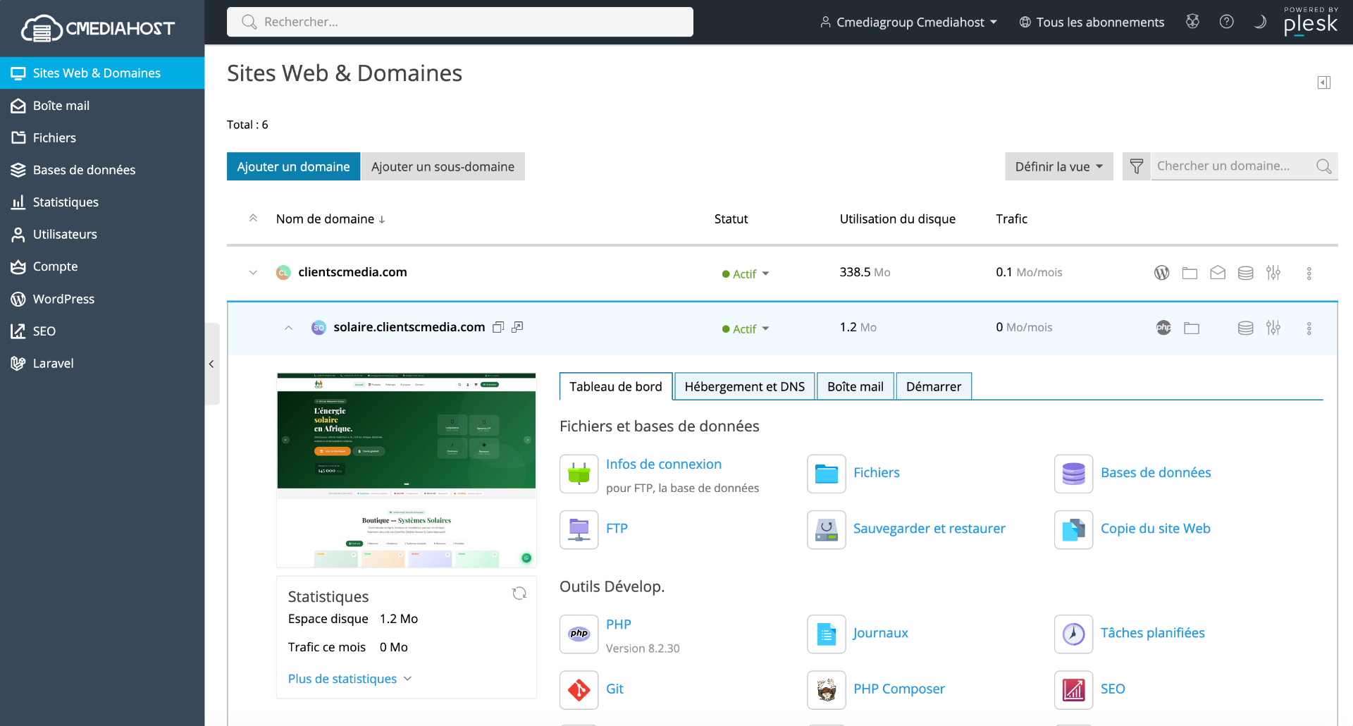Interface Sites Web & Domaines de Plesk Cmediahost