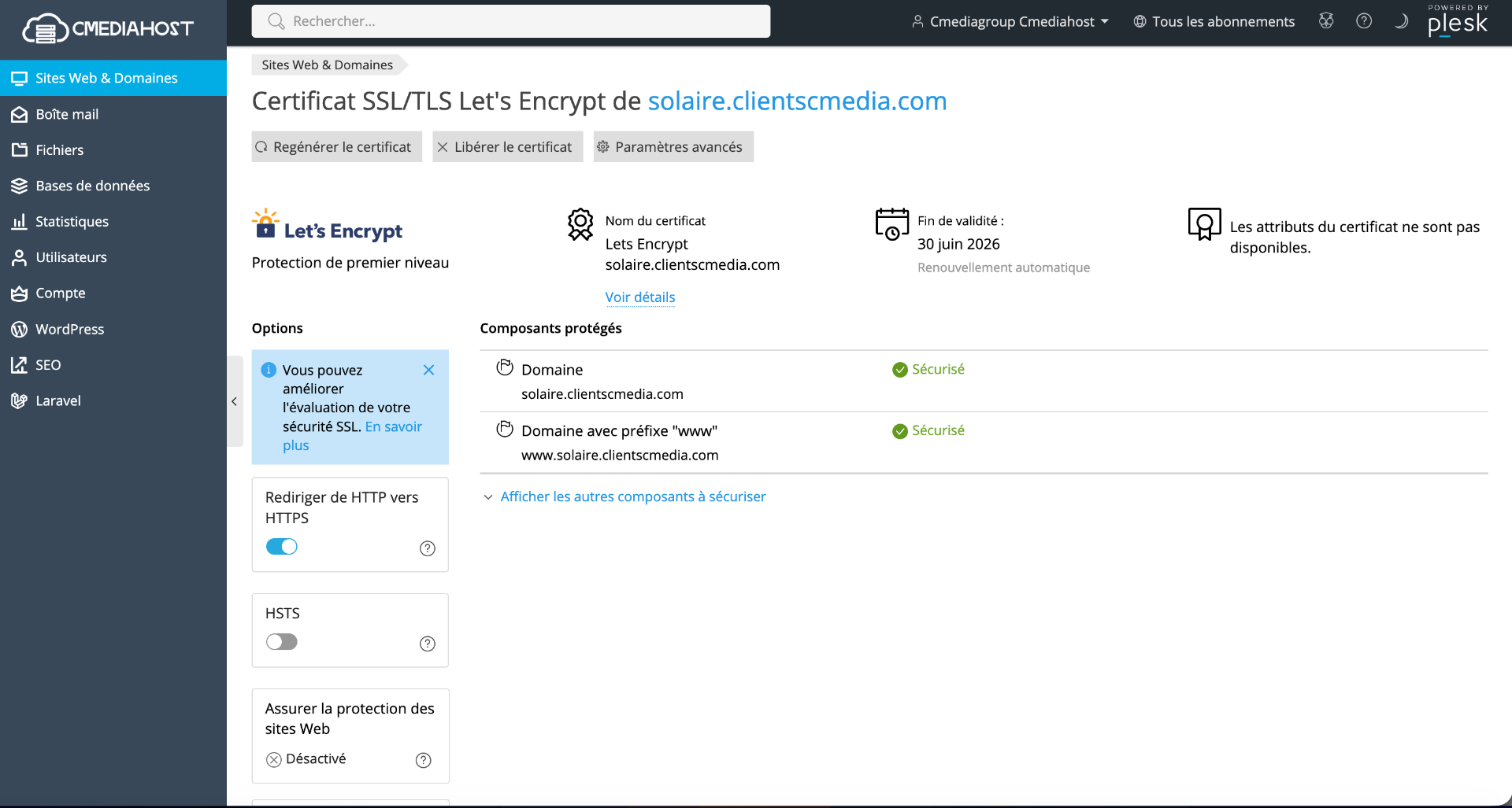 Certificats SSL/TLS dans Plesk Cmediahost