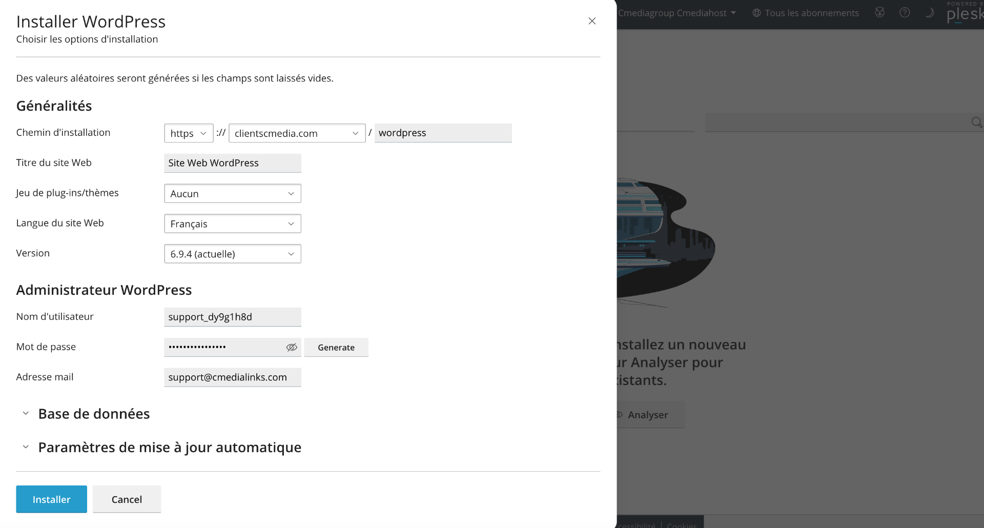 Formulaire d'installation WordPress dans Plesk Cmediahost